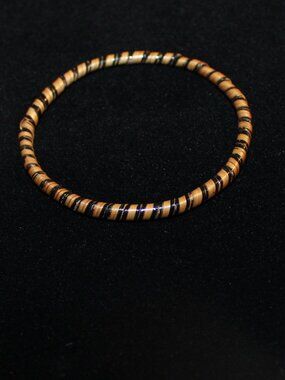Brown Tan Woven Wrapped Bangle Bracelet Rigid Stripes Boho Tribal Slip On